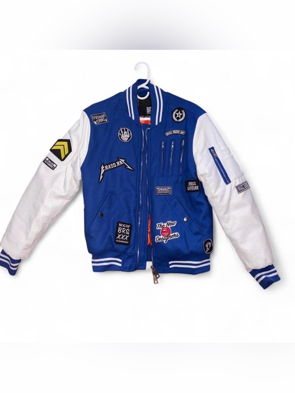 Robert Phillipe Blue Orange and White unisex Varsity Jacket with Patches